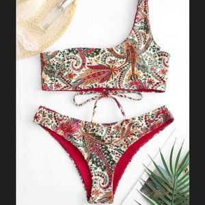 ZAFUL Bohemian Lace Up One Shoulder Bikini L